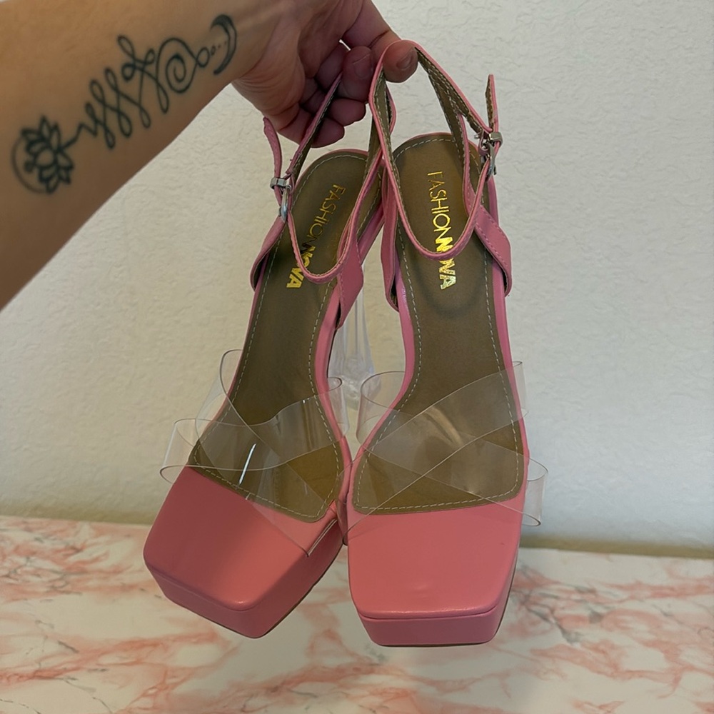 Pink Strappy Fashion Nova Heels with Clear heel